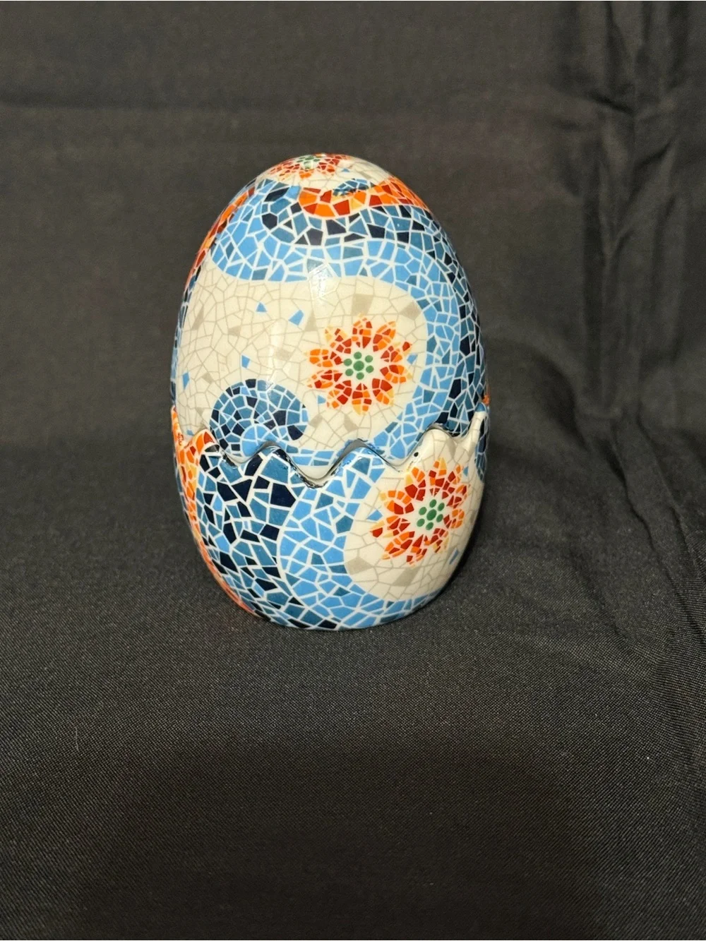 Blue and Orange Mosaic Ceramic Egg Décor Salt and Pepper Shaker